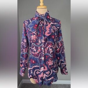 VTG Rare Psychedelic Floral Paisley Pointed Bow Tie High Collar Top S M